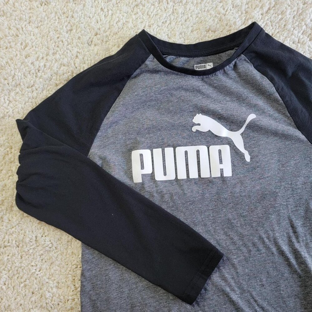 PUMA Youth XL Raglan Tee White Logo Athletic Short Sleeve Sport T-Shirt